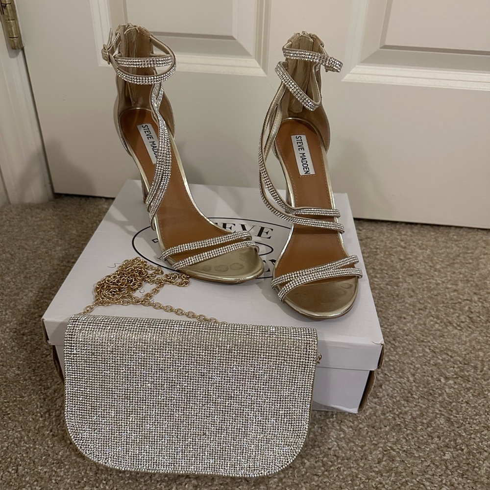 Steve Madden Homecoming Gold Strappy Heels & Clutch